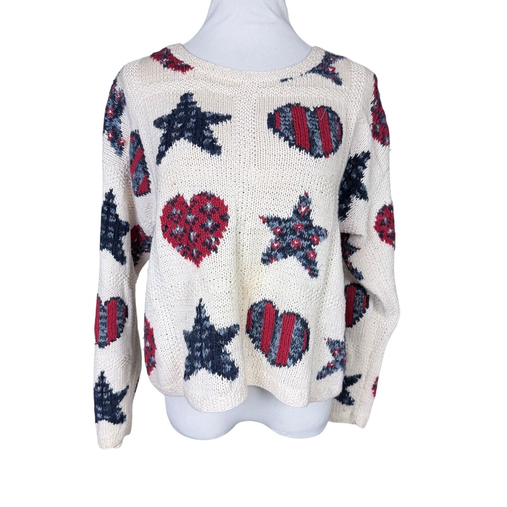 Talbots Petites Hand Knitted Stars Hearts Sweater Ivory Red Blue PL Ramie Cotton